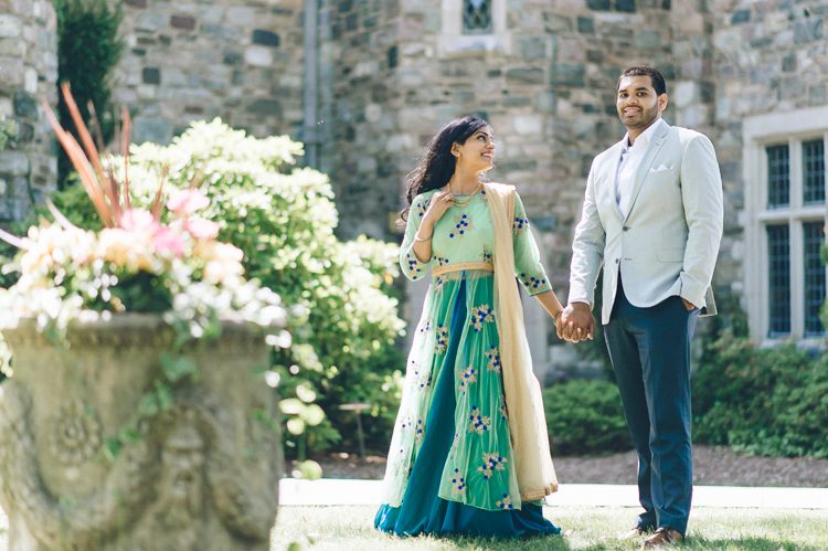 NJ wedding venue NJ Botanical Garden where you have so much green grass, nature as your backdrop. We are photographing Sherin in her Sari and Albie for their engagement session. Captured by Steve from Pearl Paper Studio, NY and NJ Wedding Photography Studio.