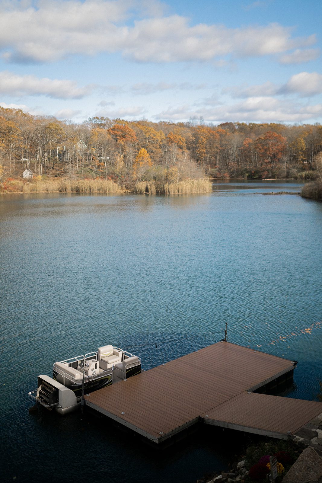 Lakefront dock overlooking the water and late-fall trees.